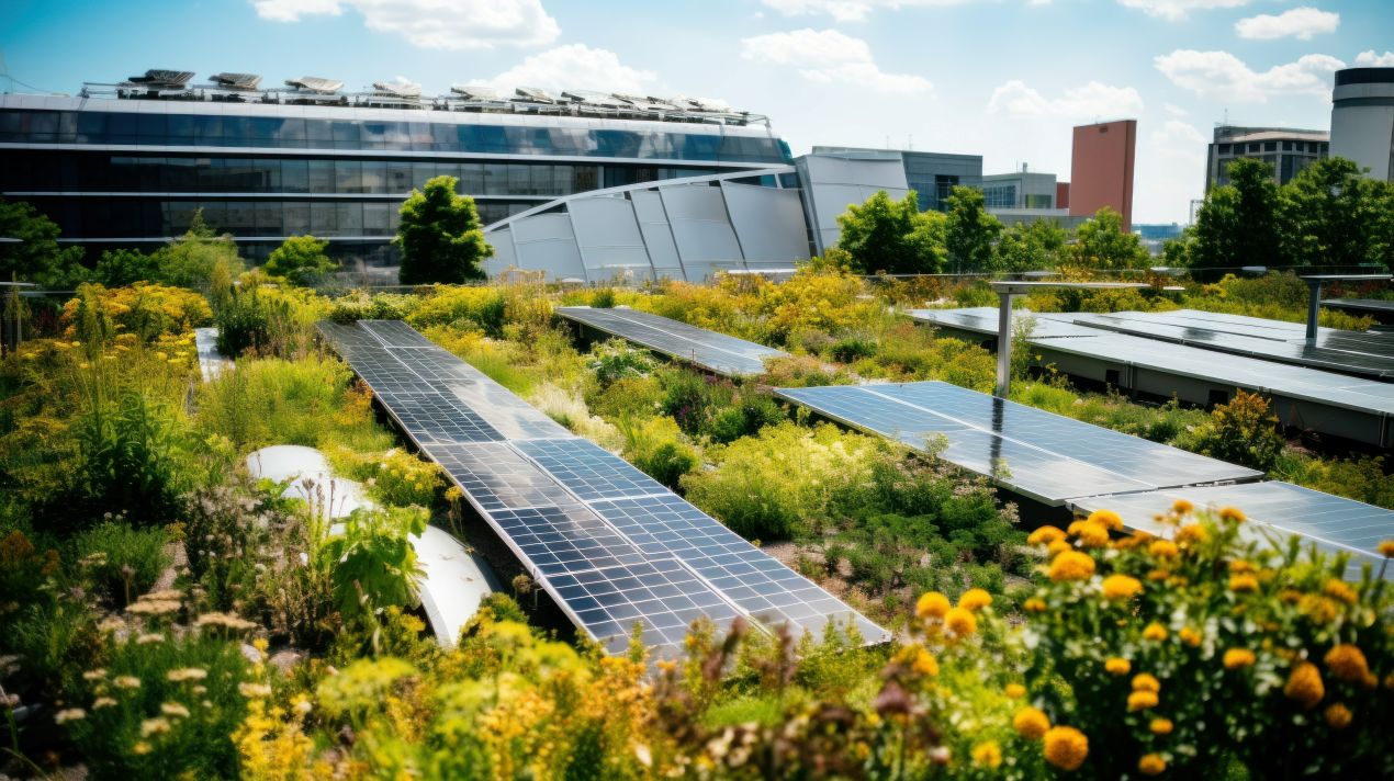 Modernes Gründach mit Solarpanels und dichter Vegetation auf einem städtischen Bürogebäude bei Sonnenschein.