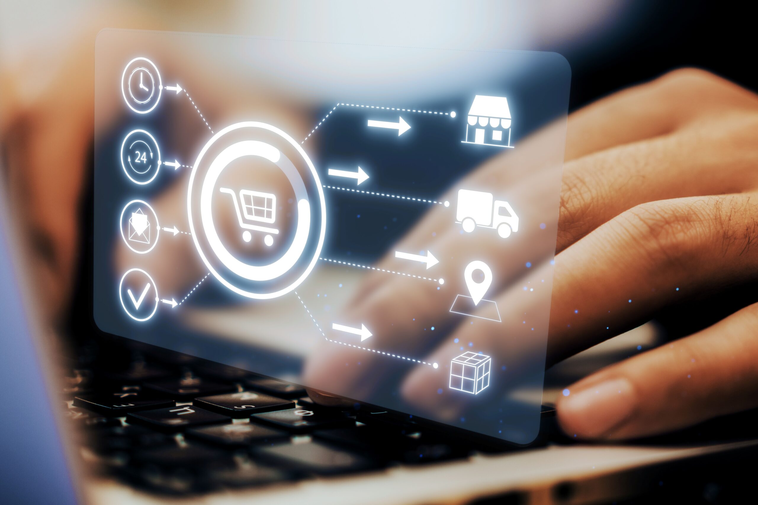 Digitale Darstellung eines E-Commerce-Prozesses mit Einkaufsicon