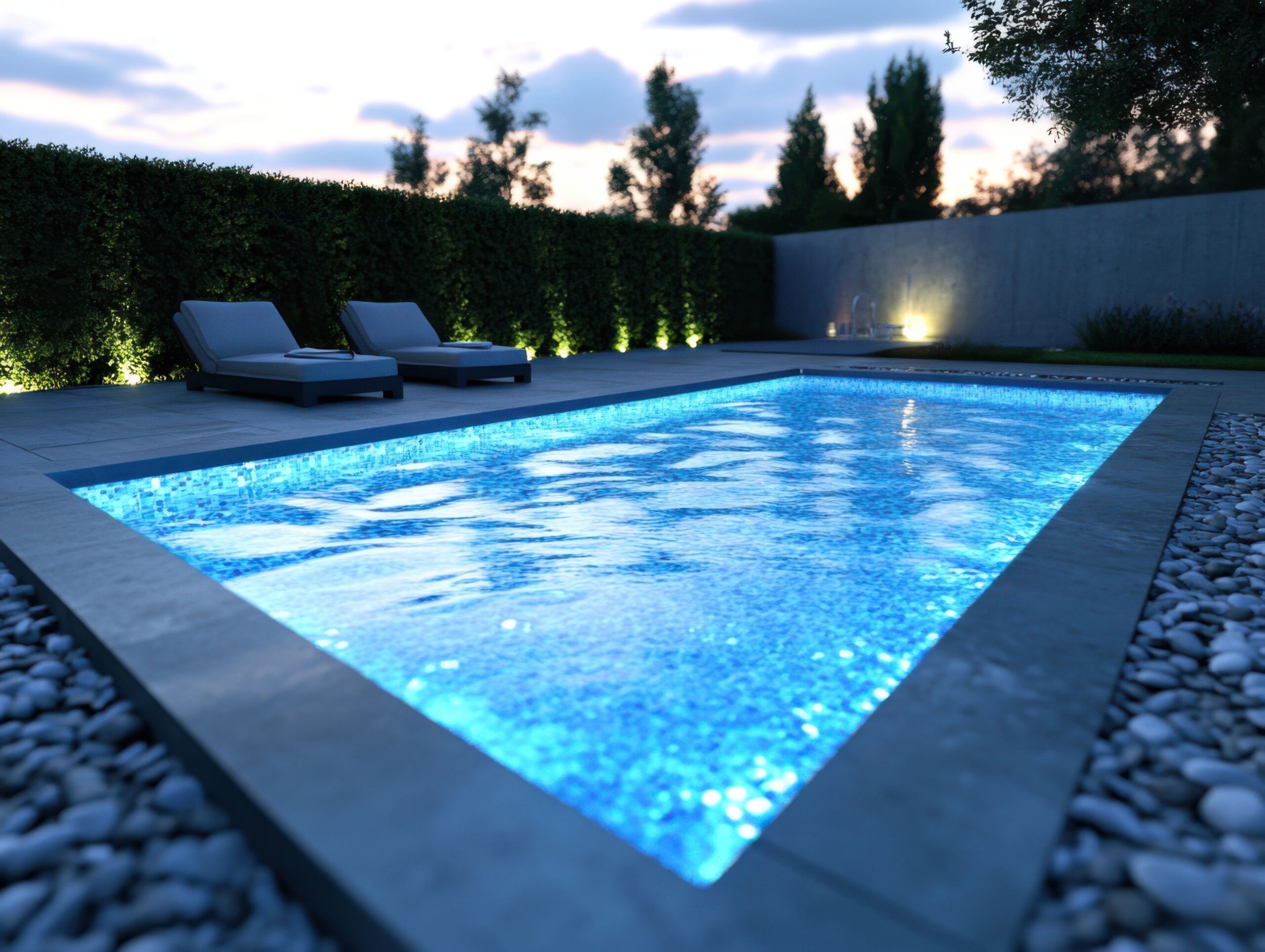 Beleuchteter Pool mit klarer Linienführung und hochwertigem Beckenrand in modernem Gartenambiente