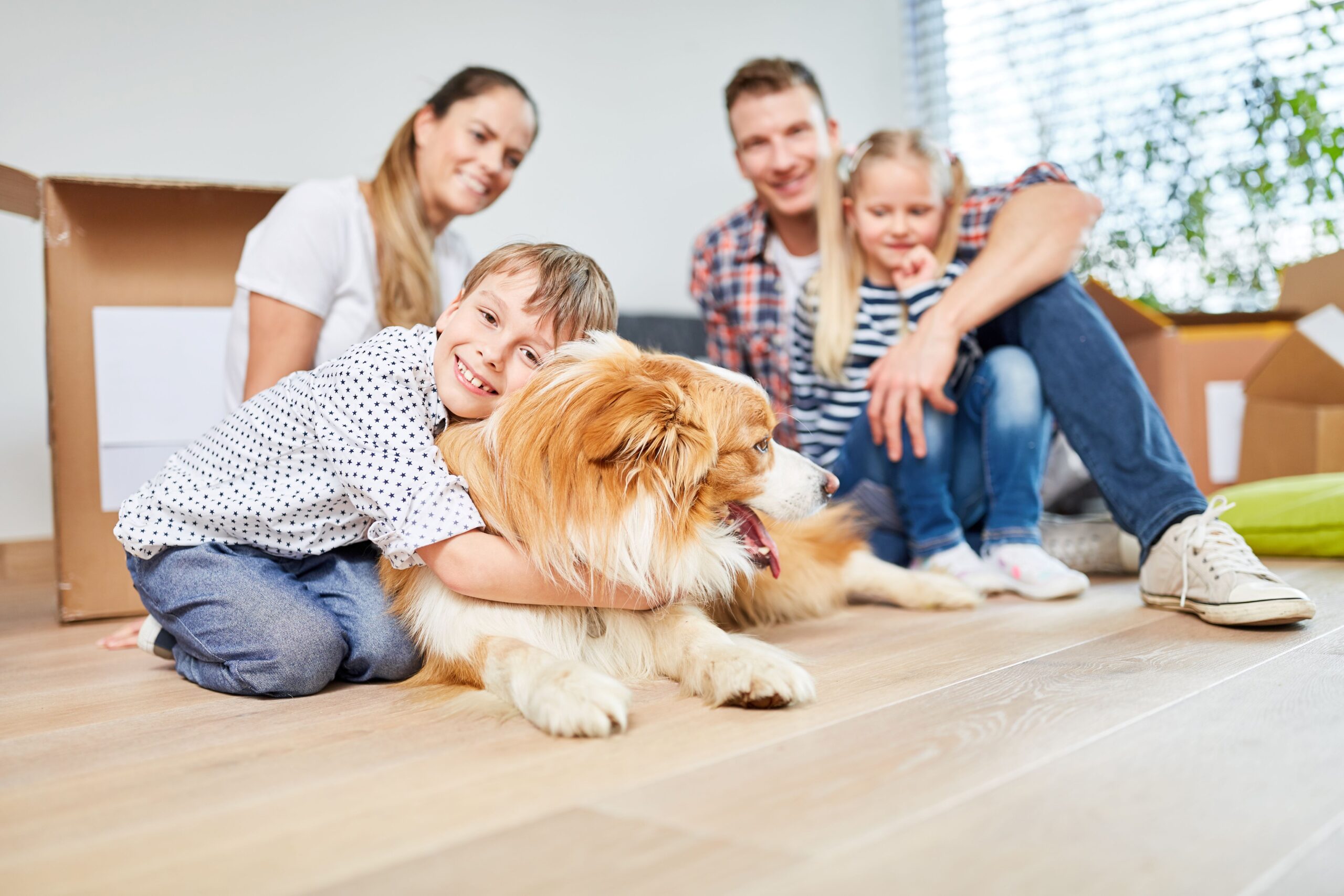 Familie mit Kinder und Hund nach erfolgreicher Haushaltsauflösung Wuppertal im neuen Zuhause zwischen Kartons