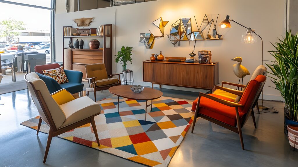Bunter Showroom mit Retroeinrichtung und Leuchten | Leuchtmittel E14