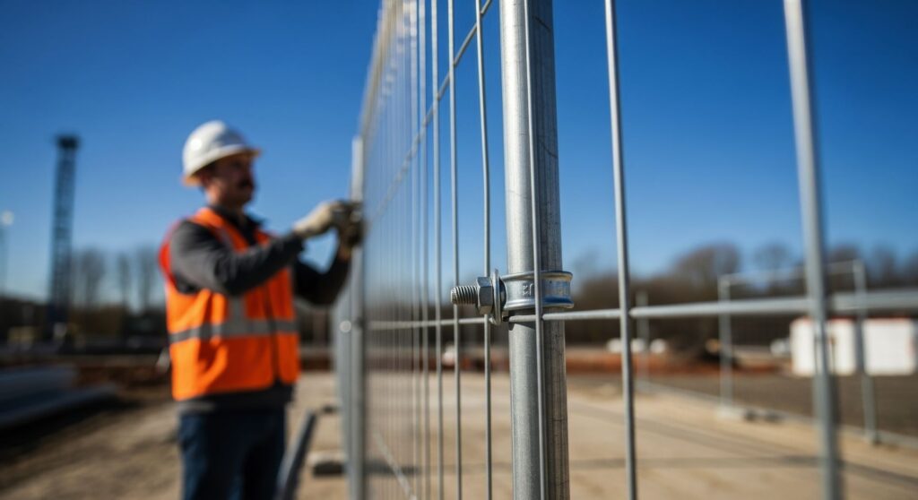 Handwerker befestigt Gitterelement an Bauzaun bei sonnigem Wetter auf Baustelle
