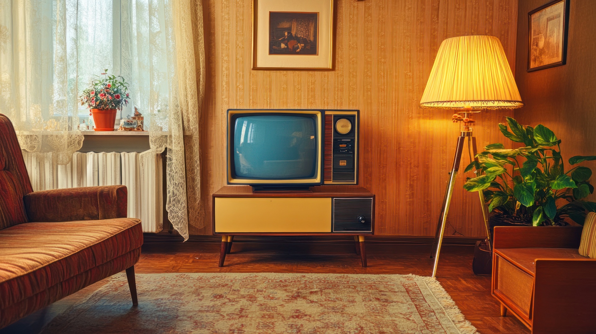 70er-Jahre-Wohnzimmer mit Stehleuchte und TV | Leuchtmittel E14