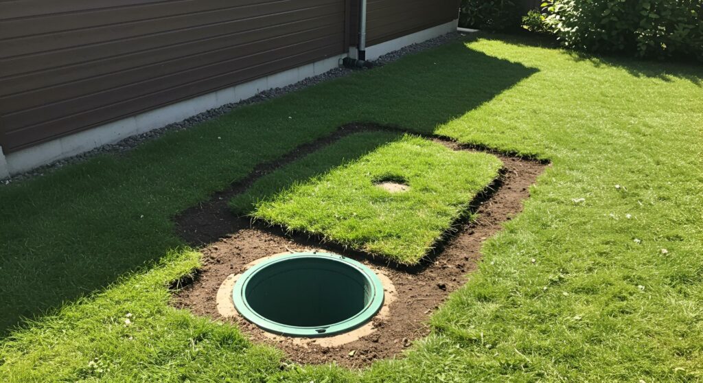 Unauffälliger Zugang zu unterirdischem Wassertank im Garten direkt unter dem Rasen