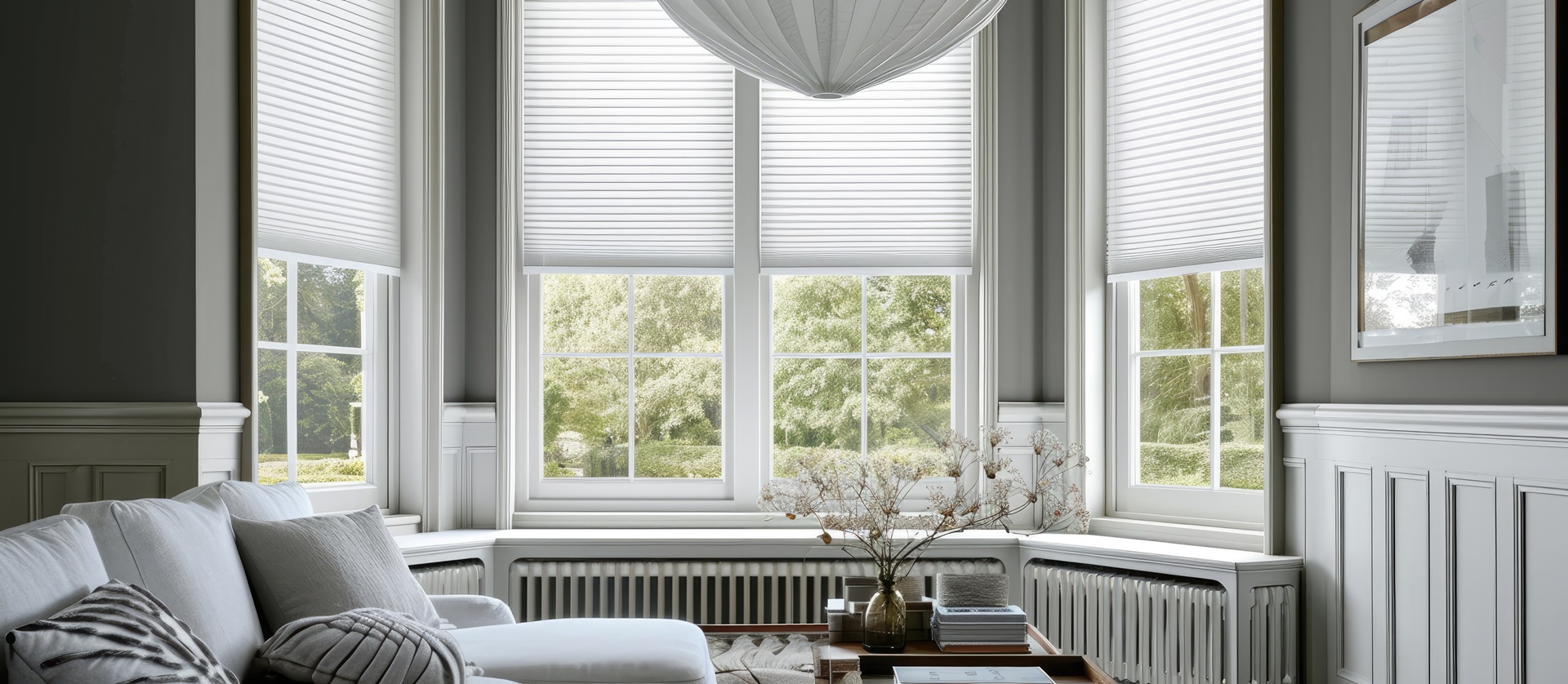 Wohnzimmer mit großen Fenstern und hellen Rollos | Lamellenvorhang nach Maß